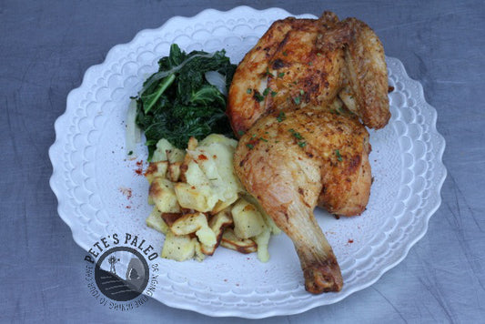 Brined, Smoked Half Chicken with Roasted Sweet Potatoes and Sauteed Kale