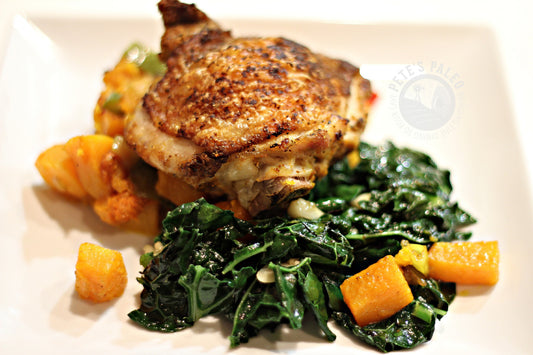 Tikka Masala Cast Iron Chicken Thighs with Sauteed Kale and Roasted Butternut Squash