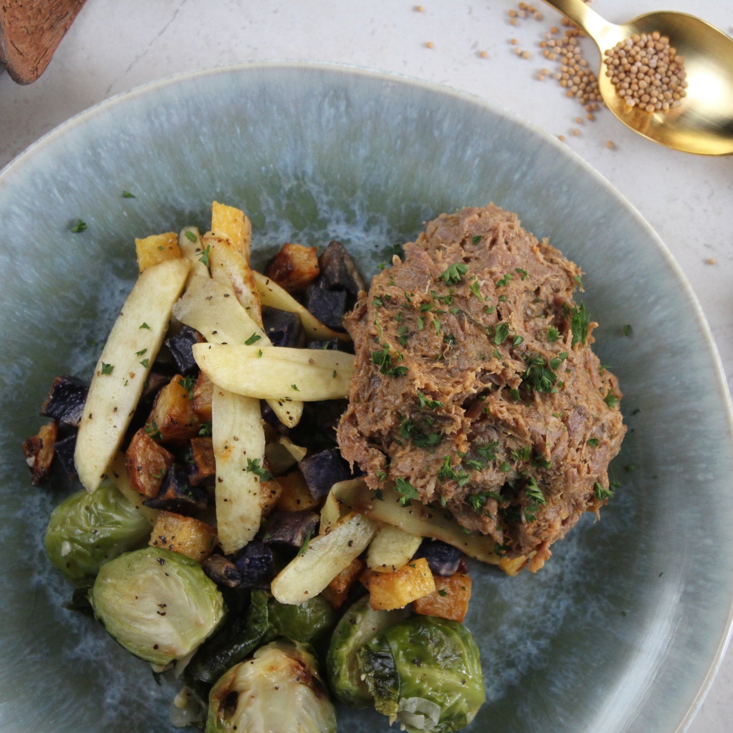 Mustard Pork with Root Veggie Blend and Brussels - Pete's Real Food