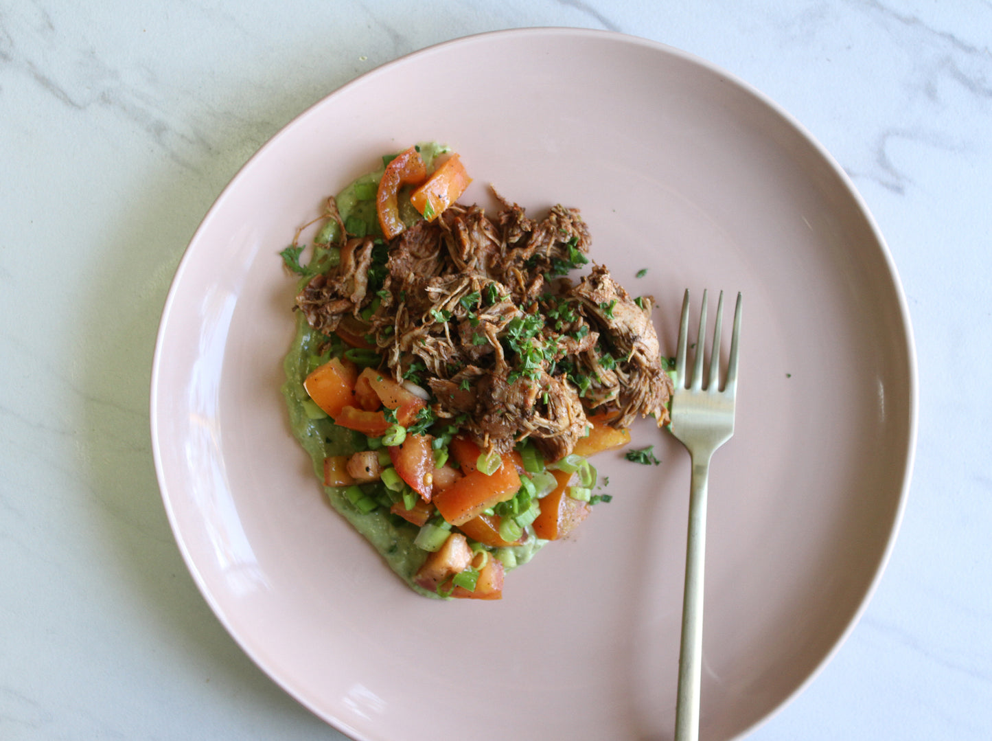 Braised Chicken with Roasted Tomato Salad and Avocado Hummus