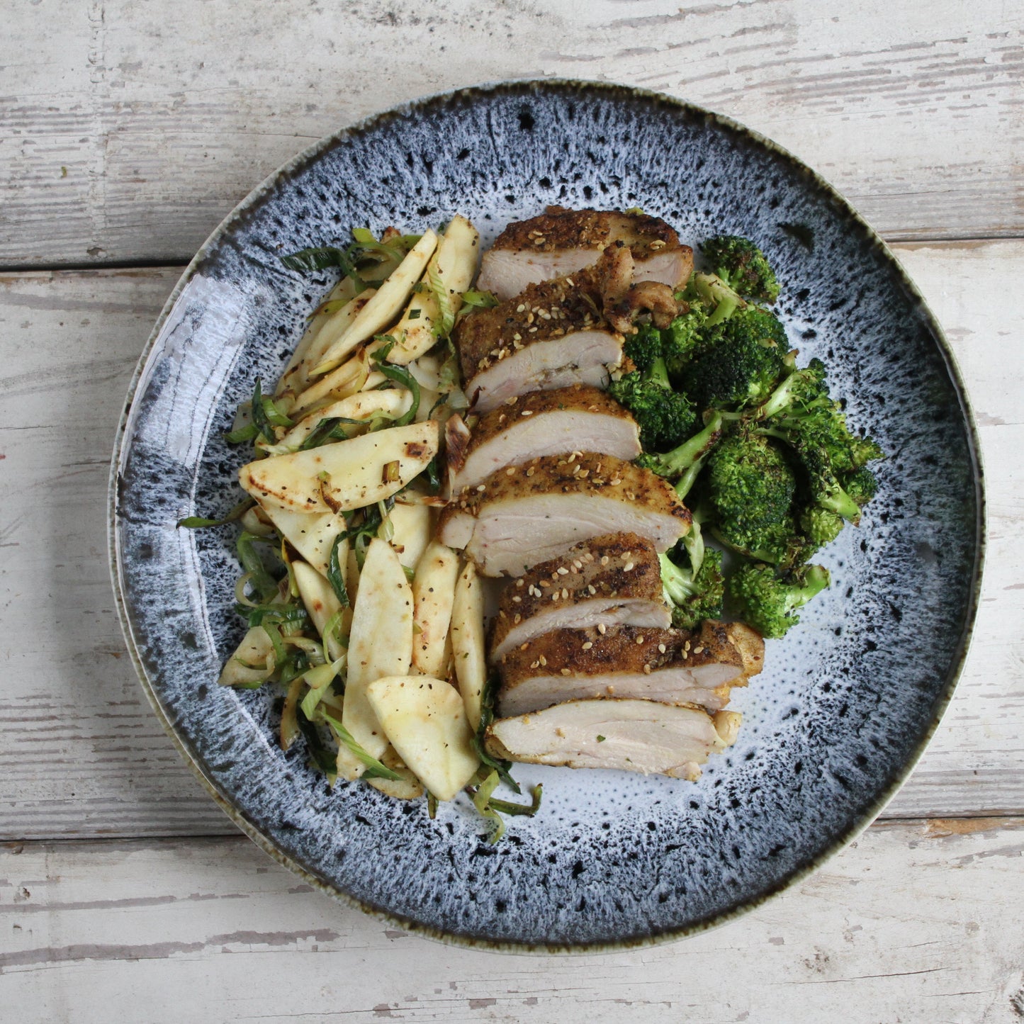 Roasted Sesame Chicken with Flat Top Broccoli and Parsnips with Leeks - Pete's Real Food