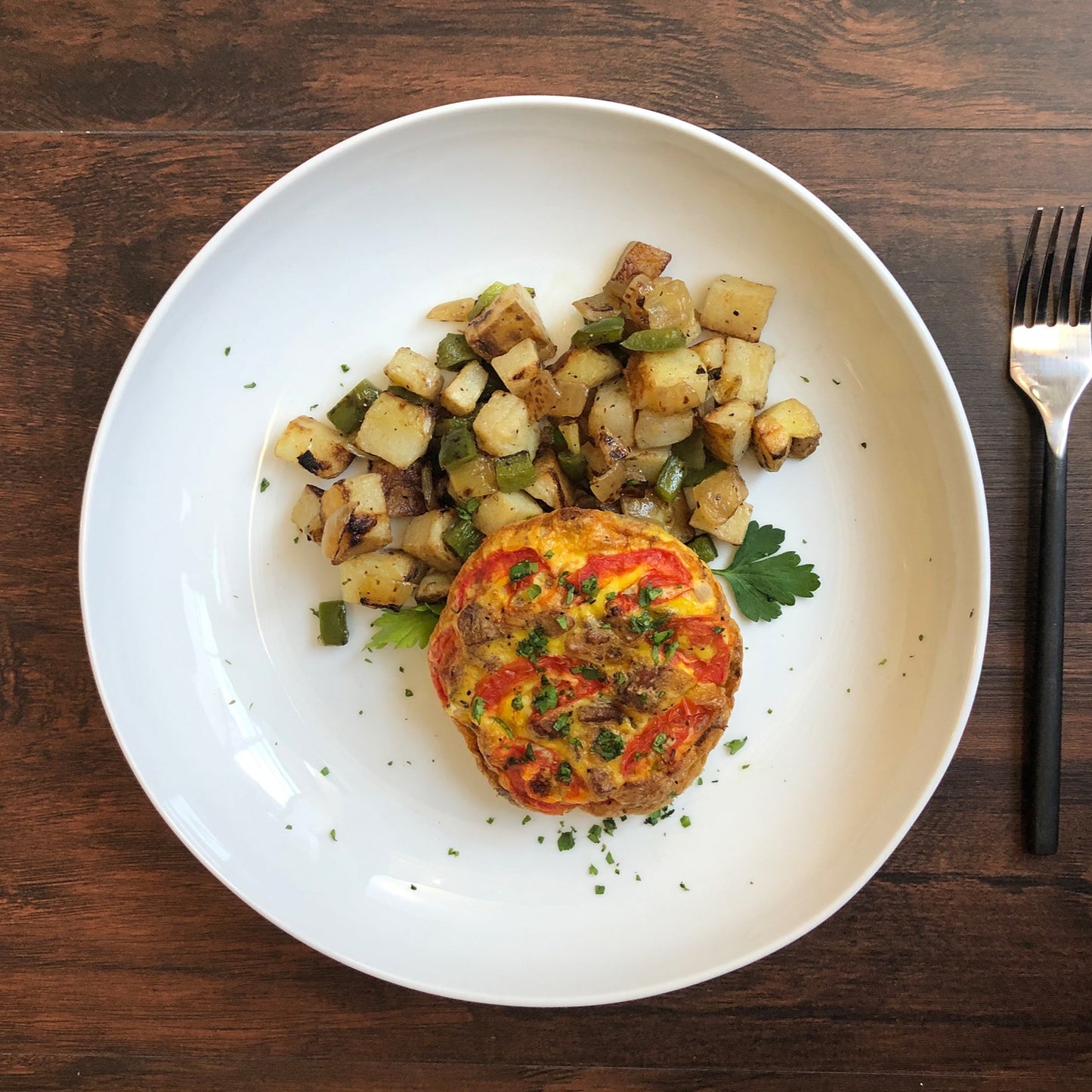 Bacon, Tomato, Onion Quiche with Yukon Hash - Pete's Real Food