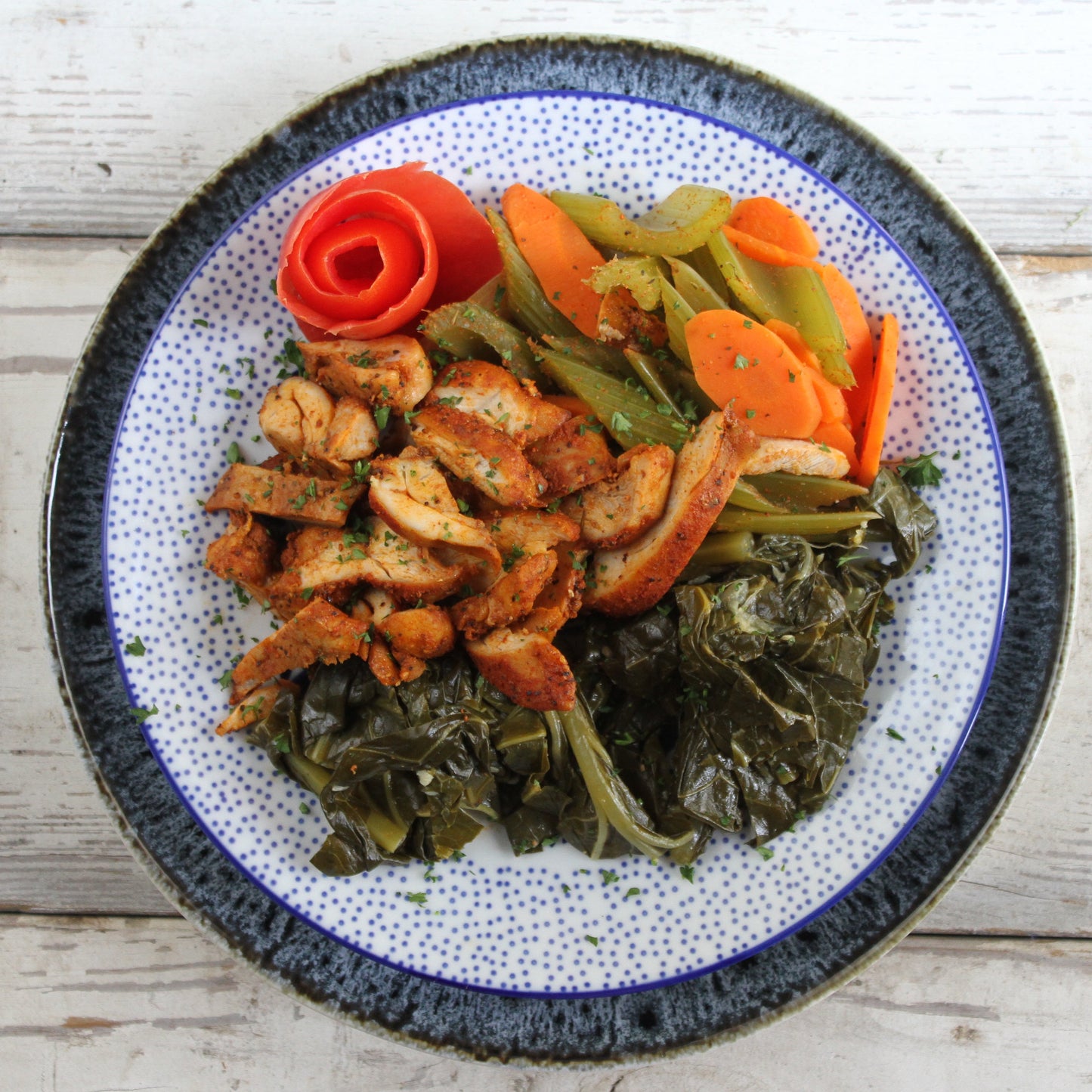 Cajun Chicken with Braised Celery and Carrots and Collards - Pete's Real Food
