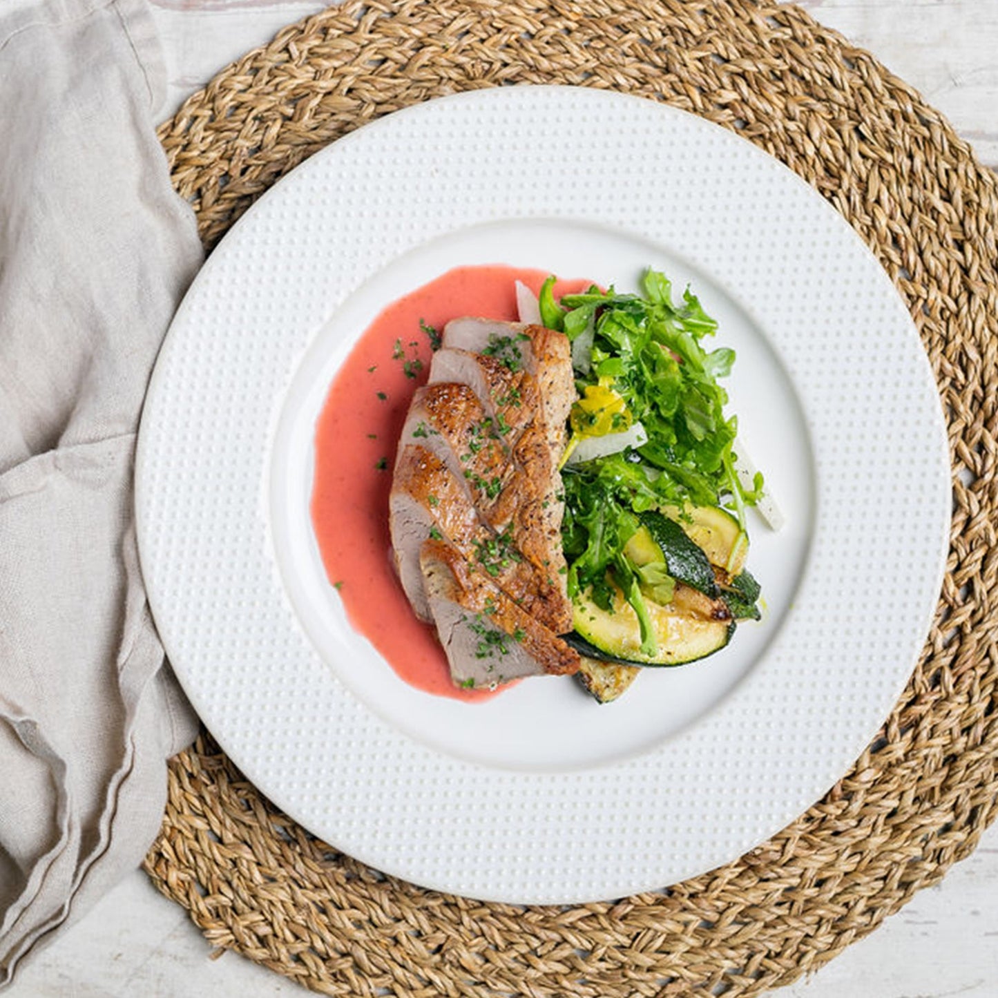 Roasted Pork Tenderloin with Zucchini & Jicama Arugula Salad with Strawberry-Mint Vinaigrette - Pete's Real Food