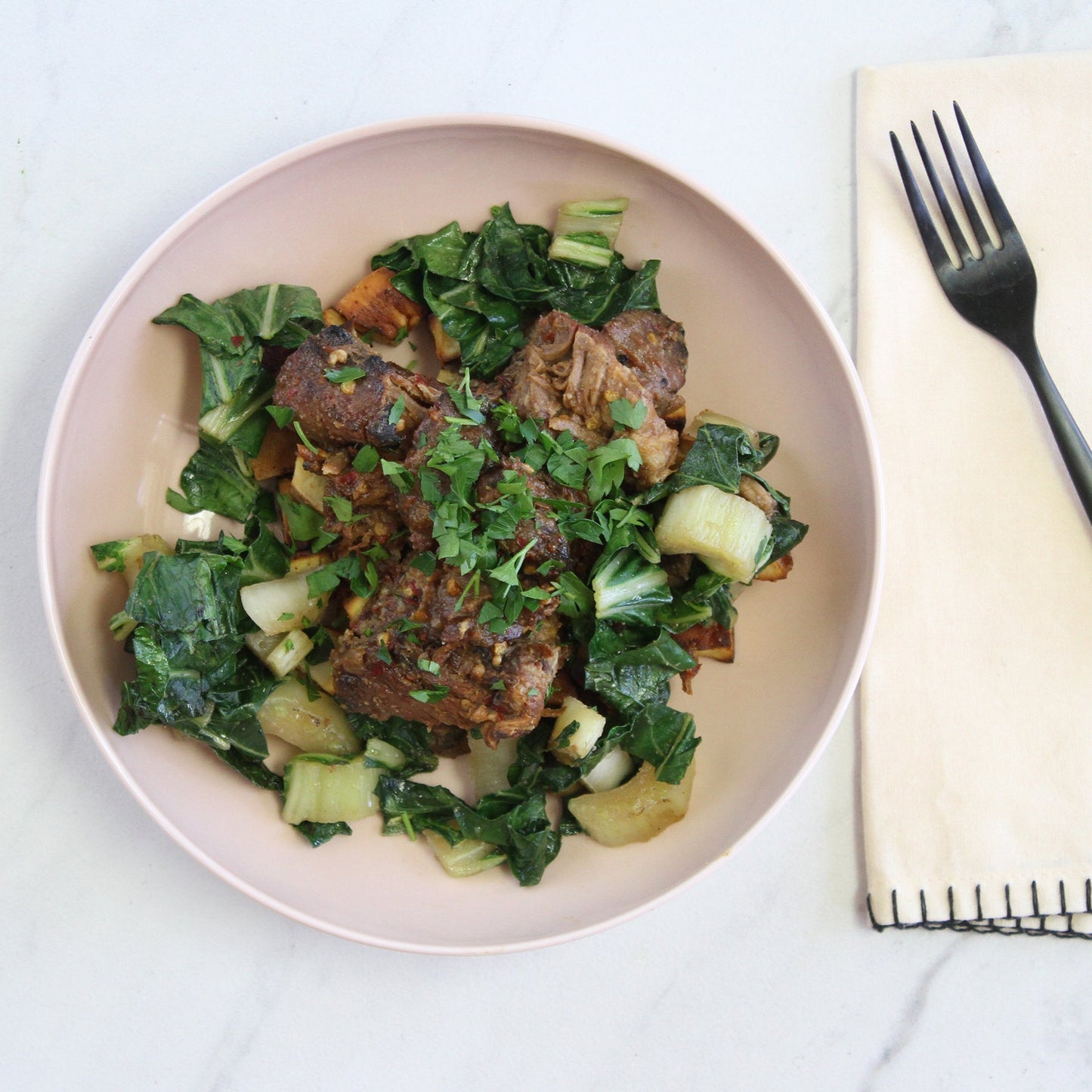-Korean Pork Confit, Bok Choy with Mushrooms, and Roasted Sweet Potato - Pete's Real Food
