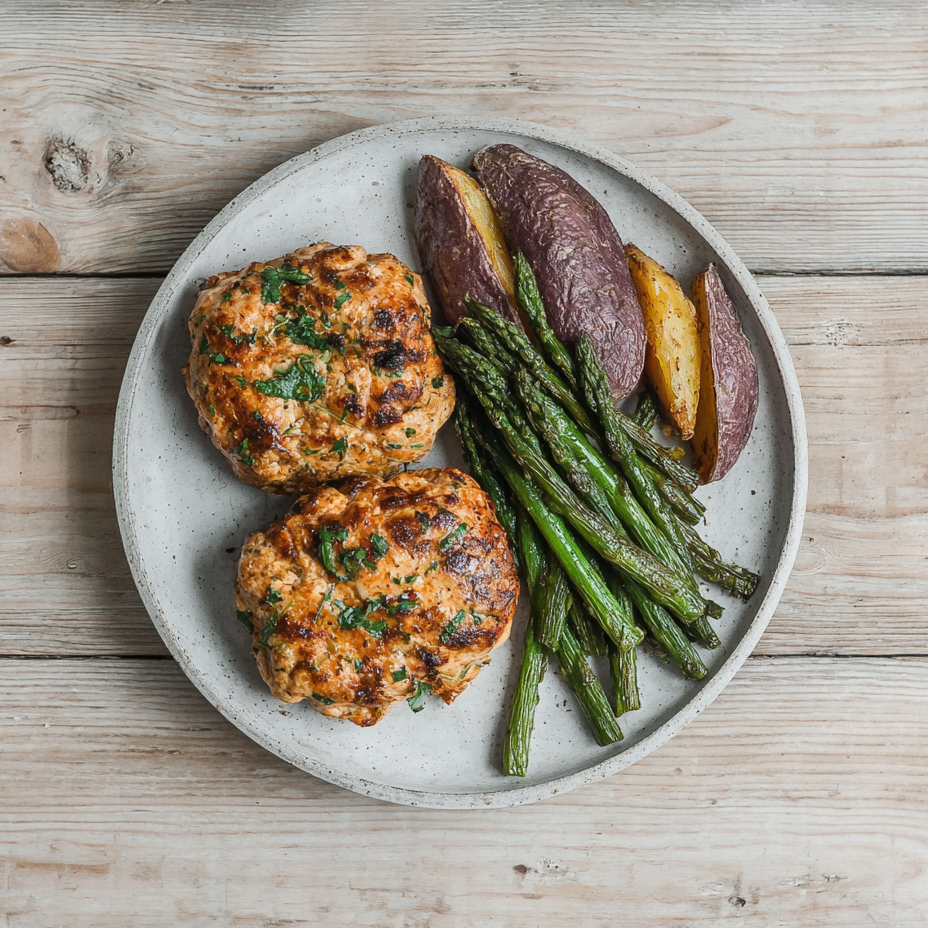 Chicken Burgers with Lemon Garlic Asparagus and Roasted Purple Potato Wedges