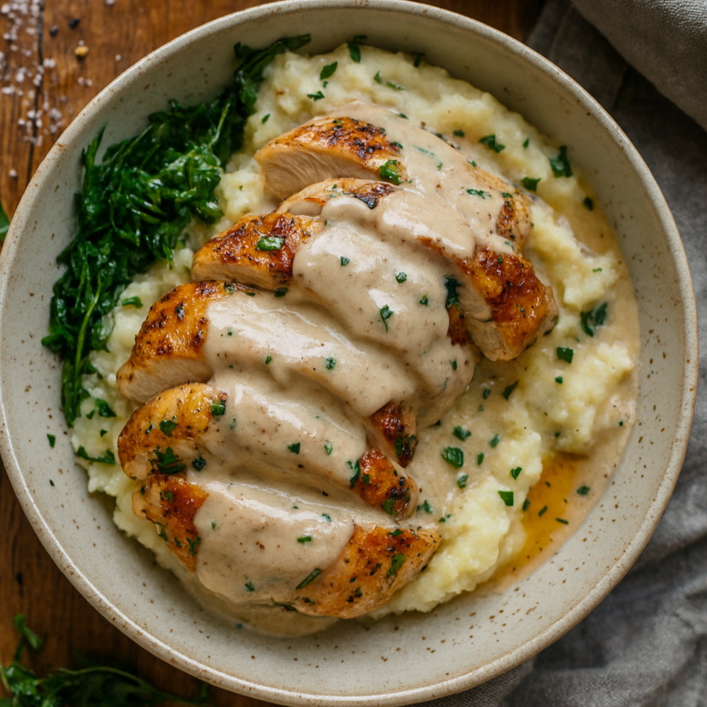 Chicken Florentine over Garlic Mashed Sweet Potatoes