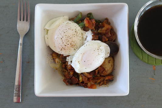 New Potato and Green Bean Hash w/ Poached Eggs for Breakfast