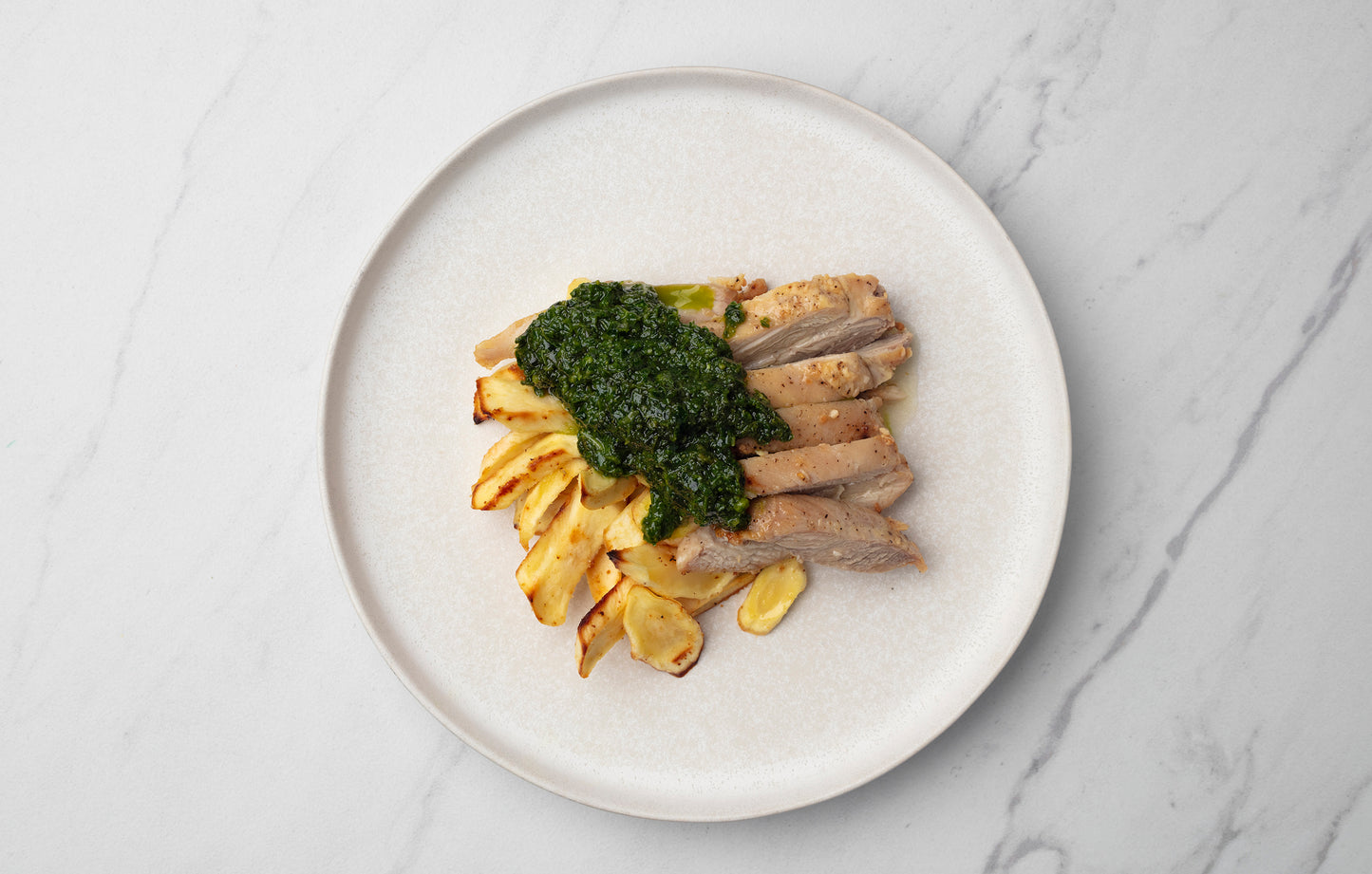 Grilled Chicken with Kale Pesto and Roasted Parsnips