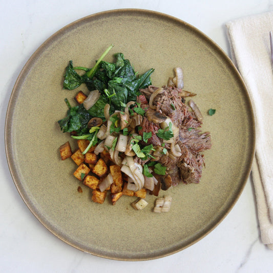 Shallot Mushroom Braised Beef with Spinach and Chili Dusted Sweet Potatoes - Pete's Real Food