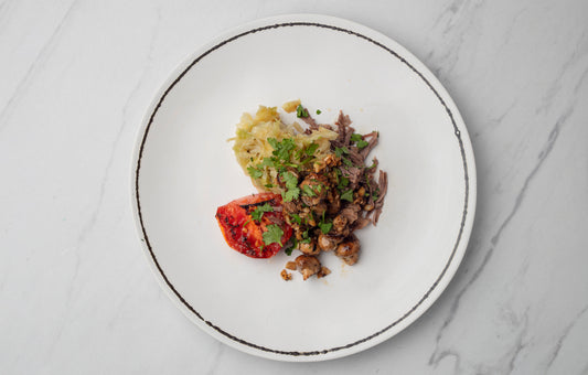 Smoked Tomato Braised Beef with Braised Cabbage and Garlic Roasted Mushrooms