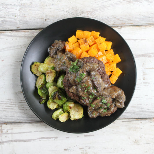Beef Burger with Mushroom Gravy, Brussels and Butternut Squash - Pete's Real Food