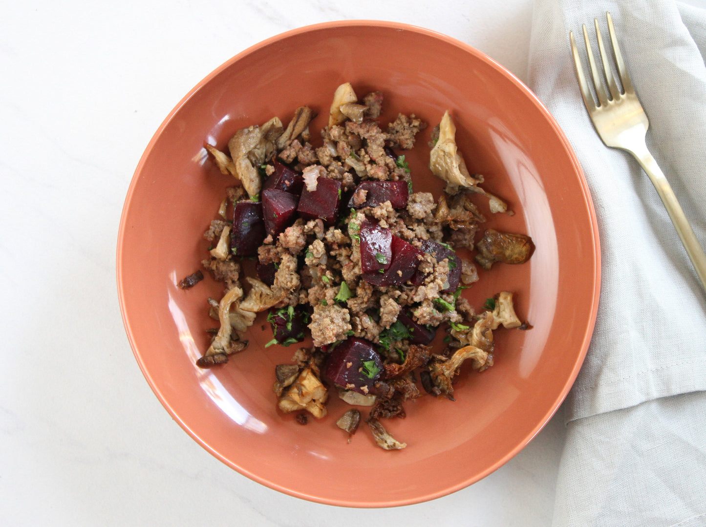Ground Beef Hash with Beets and Mushrooms