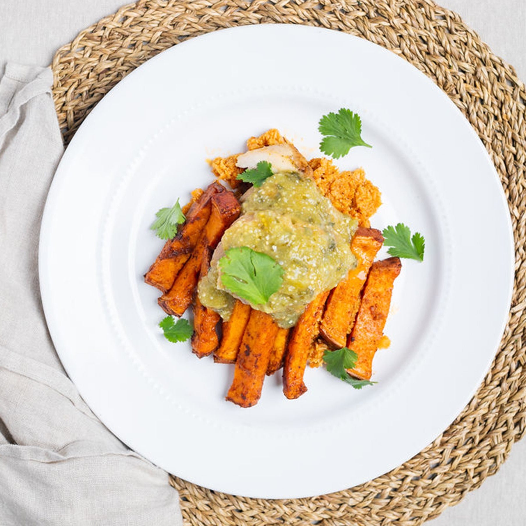 Salsa Verde Chicken with Mexican Cauliflower Rice & Spiced Yam Wedges - Pete's Real Food