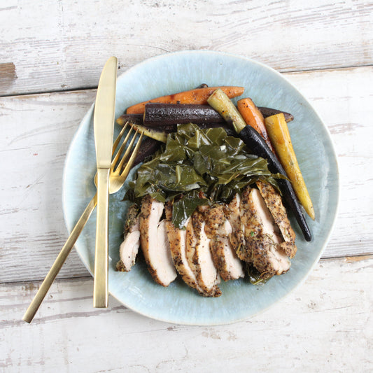 Herbed Chicken with Collards and Roasted Rainbow Carrots - Pete's Real Food