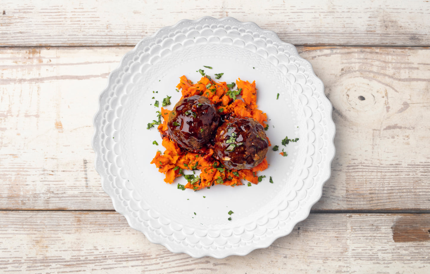 Tandoori Beef Meatballs with Mashed Mint Carrot and Pomegranate Sauce