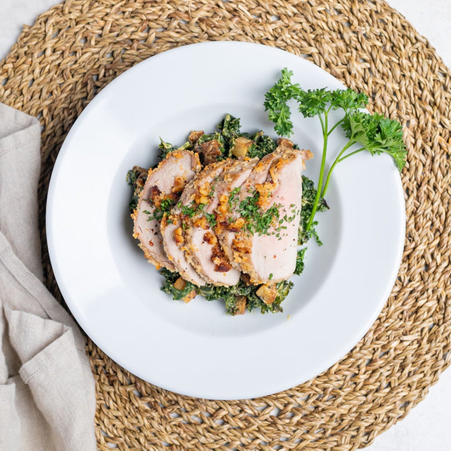 Almond Crusted Pork Tenderloin with Sautéed Kale and Mustard and Bacon Potato Salad