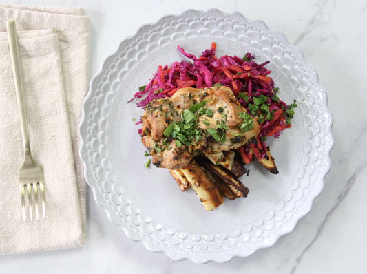 -Chimichurri Chicken with Rosemary and Garlic Sweet Potato Fries with Red Cabbage Slaw
