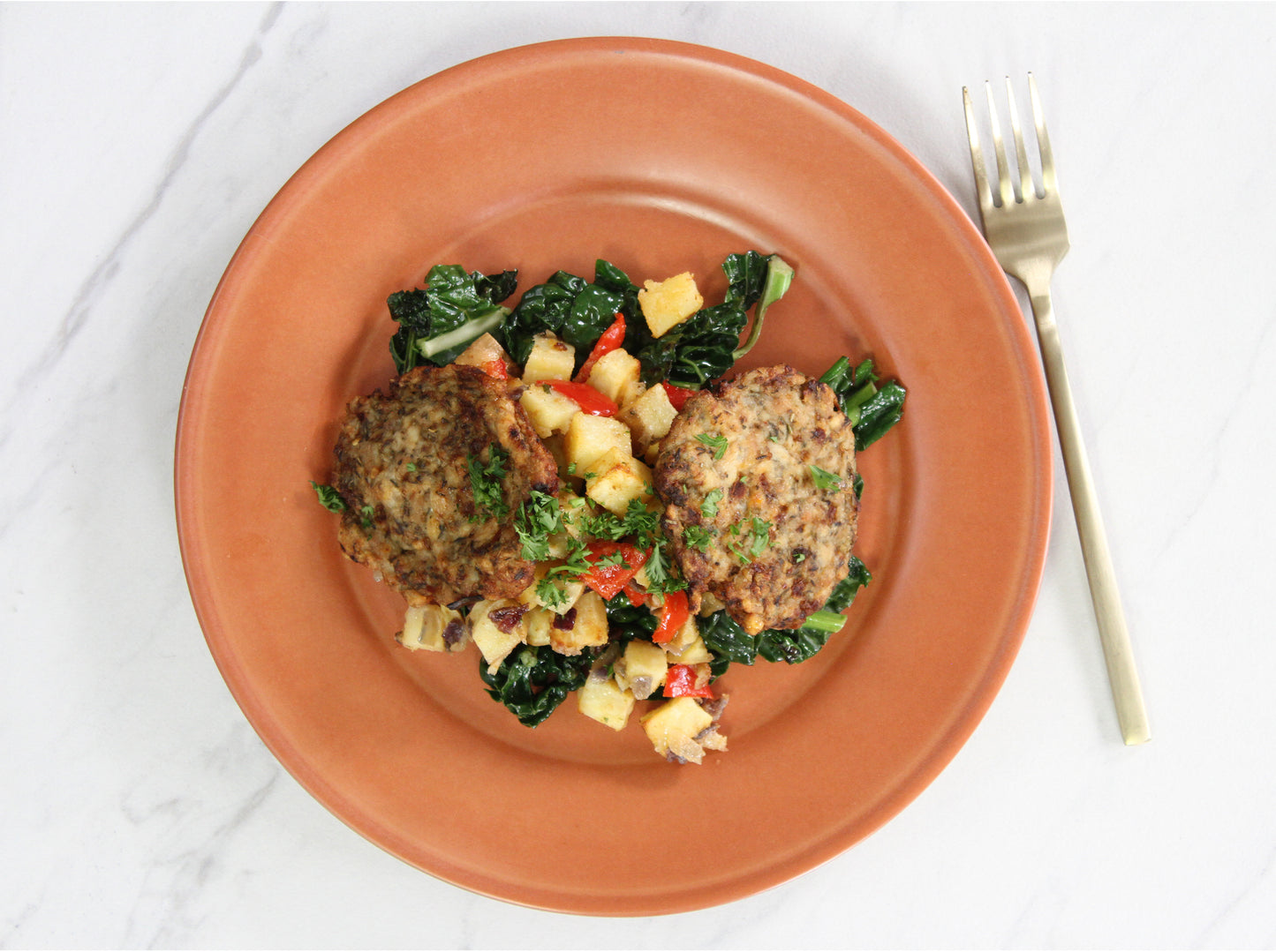 Jerk Chicken Sausage with Sweet Potato Hash and Kale