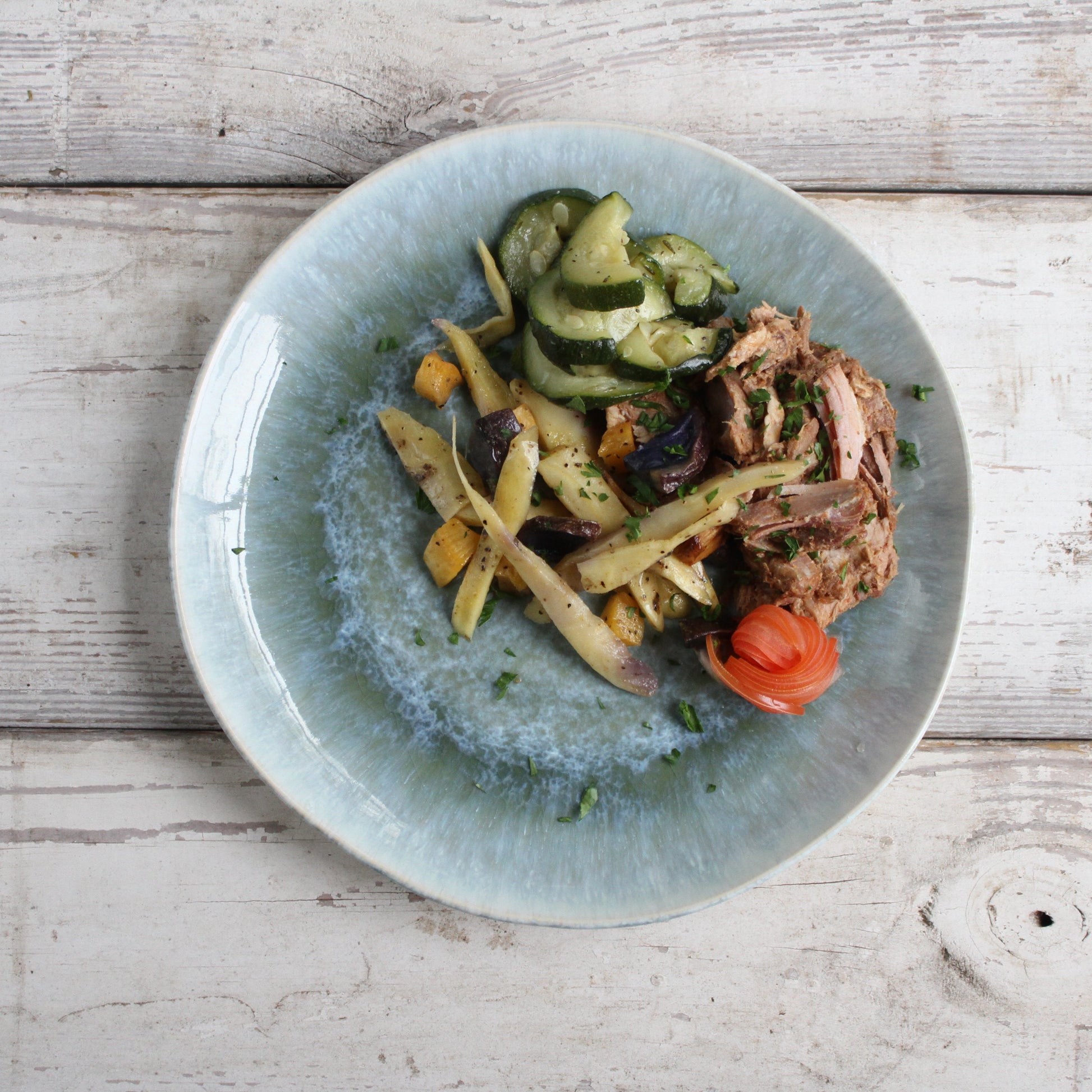 Korean Braised Pork Butt with Rutabaga, Parsnip, and Purple Potato Blend and Sauteed Zucchini - Pete's Real Food