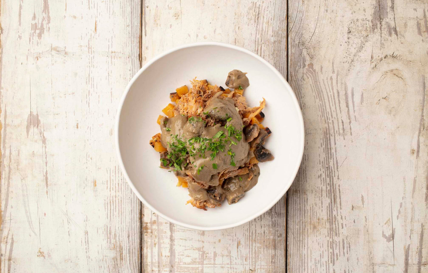 Pulled Pork with Bacon, Creamy Mushrooms, and Rutabaga