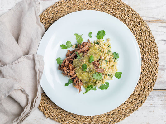 -Chipotle Braised Beef with Cilantro Cauliflower Rice and Tomatillo Salsa