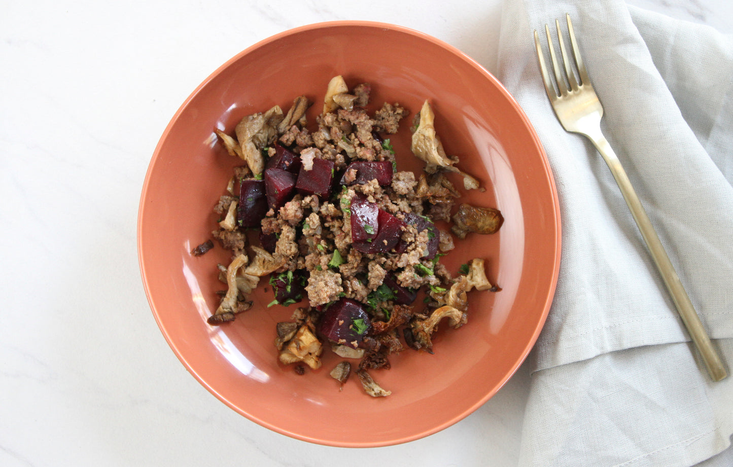 Ground Beef Hash with Beets and Mushrooms