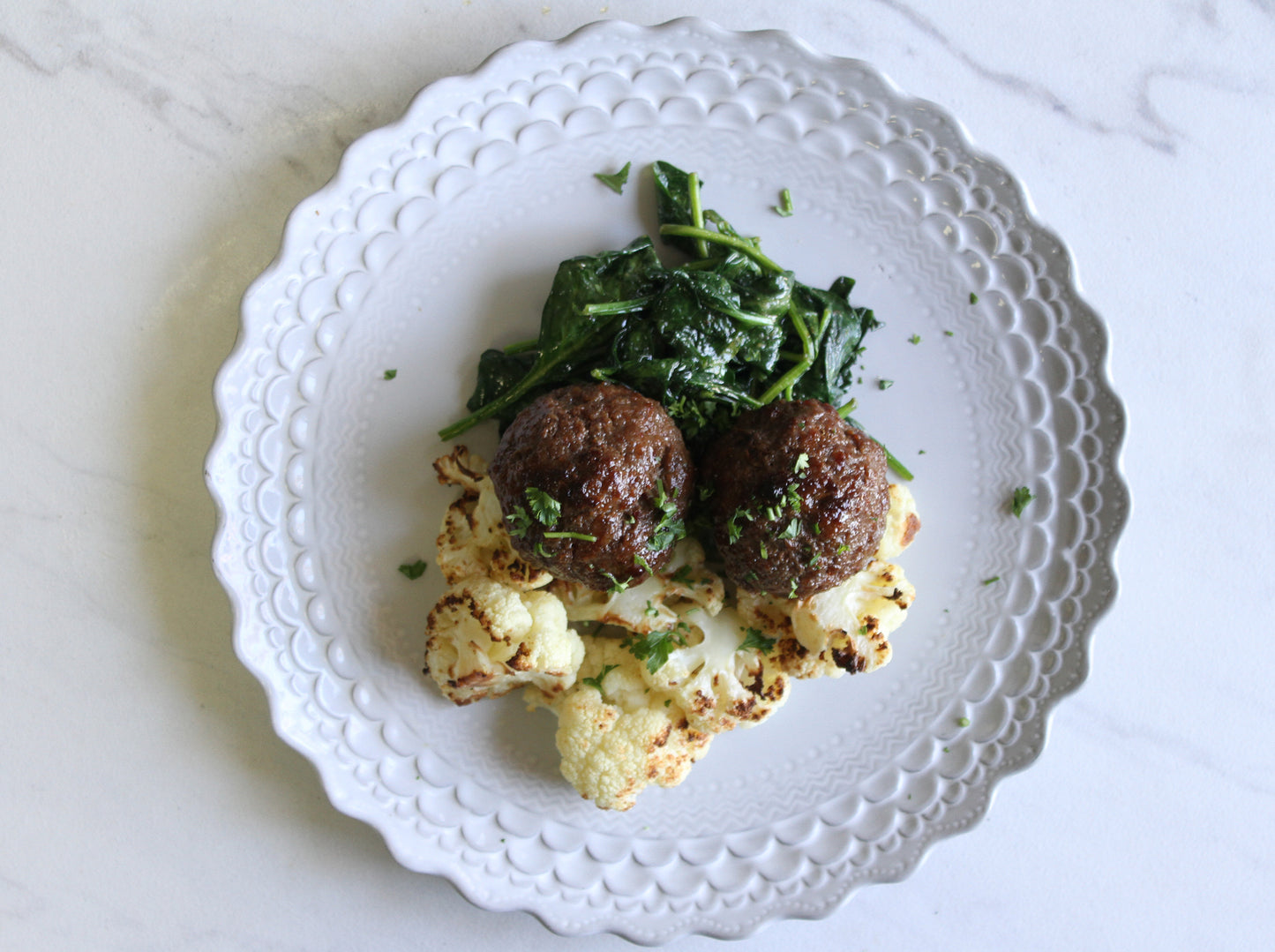 Harissa and Maple Roasted Meatballs with Cauliflower and Spinach