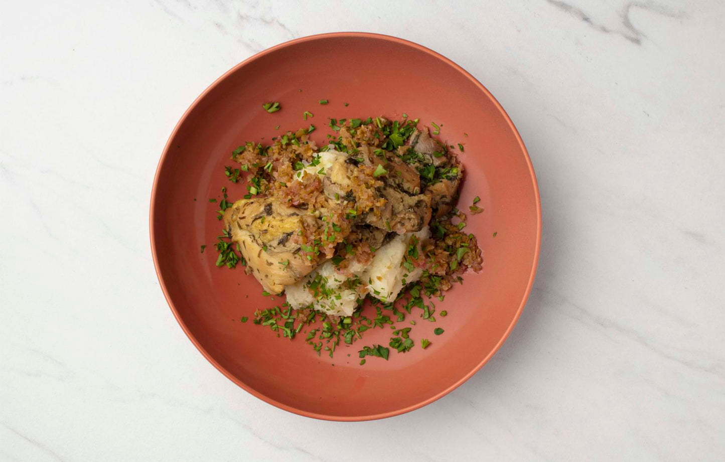 Tarragon Braised Chicken with Cauliflower Mash and Cornichon “Caviar”