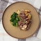 Shallot Mushroom Braised Beef with Spinach and Rosemary-Garlic Sweet Potato Wedges