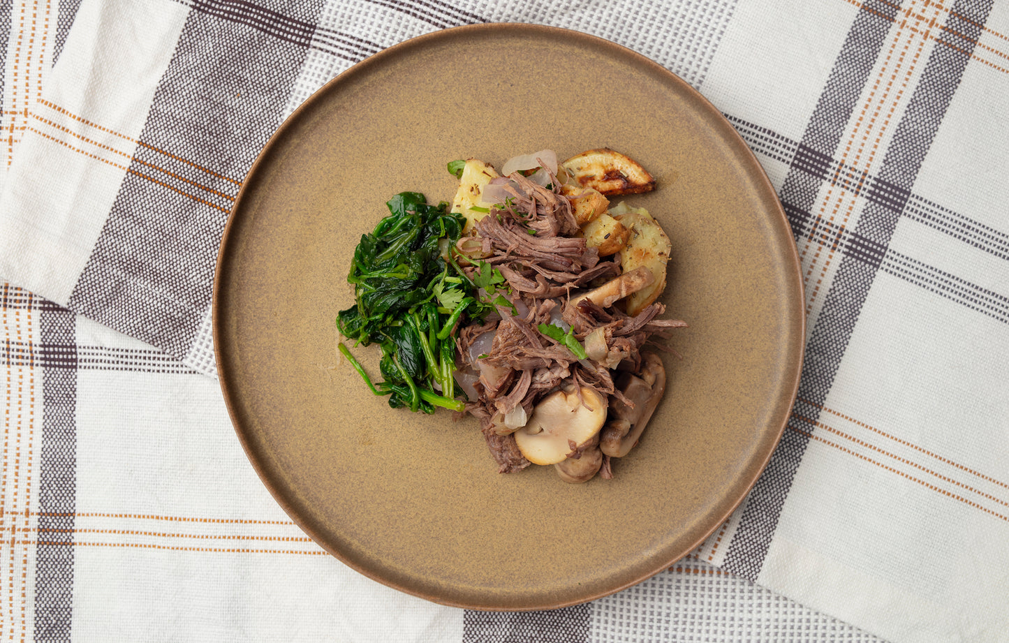 Shallot Mushroom Braised Beef with Spinach and Rosemary-Garlic Sweet Potato Wedges