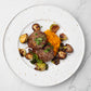Caramelized Onion Burger with Roasted Brussels and Butternut Mash