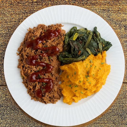 BBQ Brisket with Sauteed Greens and Sweet Potato Mash