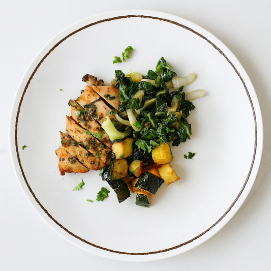 Basil Ginger Chicken with Sautéed Bok Choy and Roasted Acorn Squash