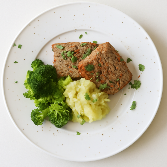 Beef Meatloaf with Roasted Broccoli and Mashed Sweet Potato