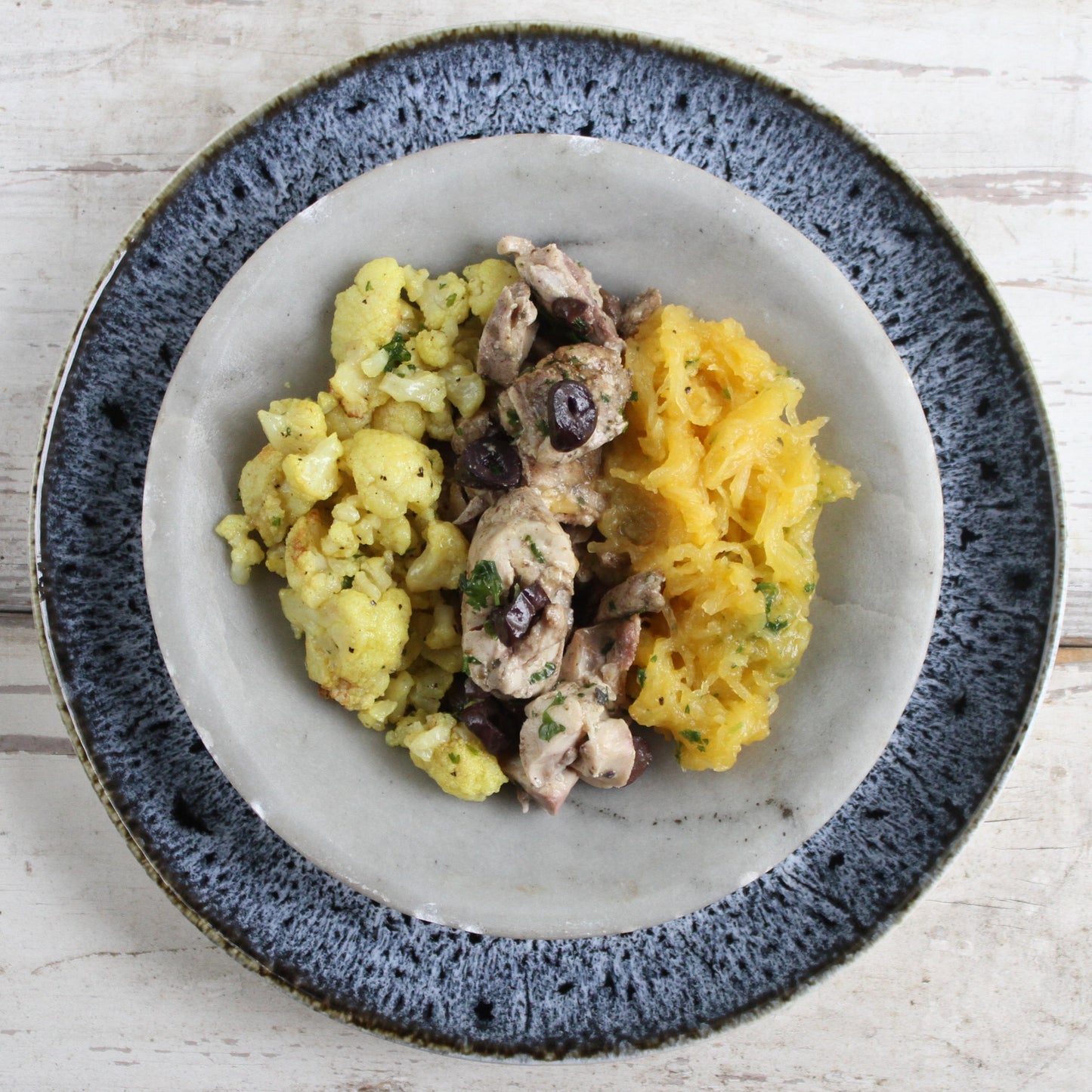 Mediterranean Chicken with Roasted Cauliflower & Spaghetti Squash - Pete's Real Food
