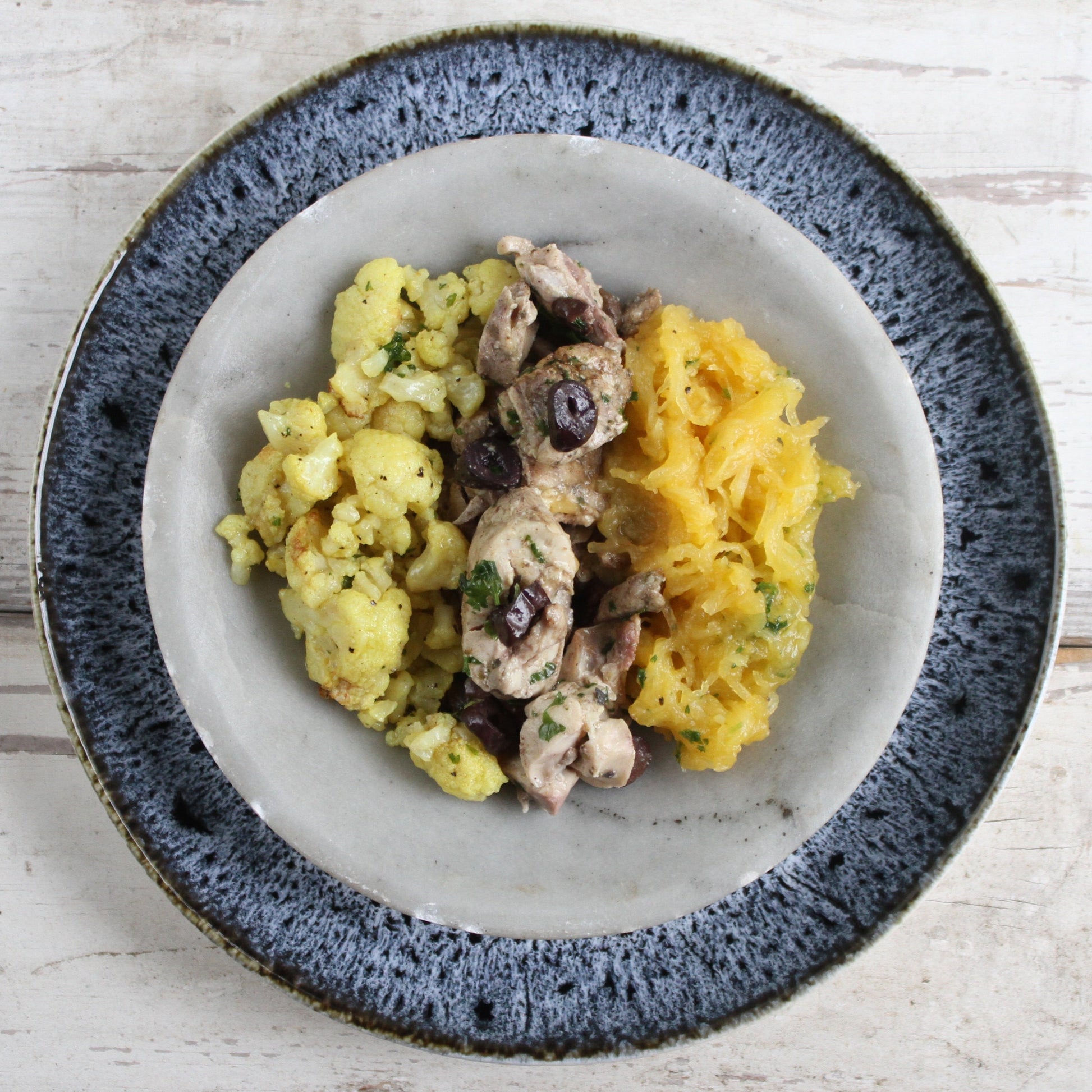 Mediterranean Chicken with Roasted Cauliflower & Spaghetti Squash - Pete's Real Food