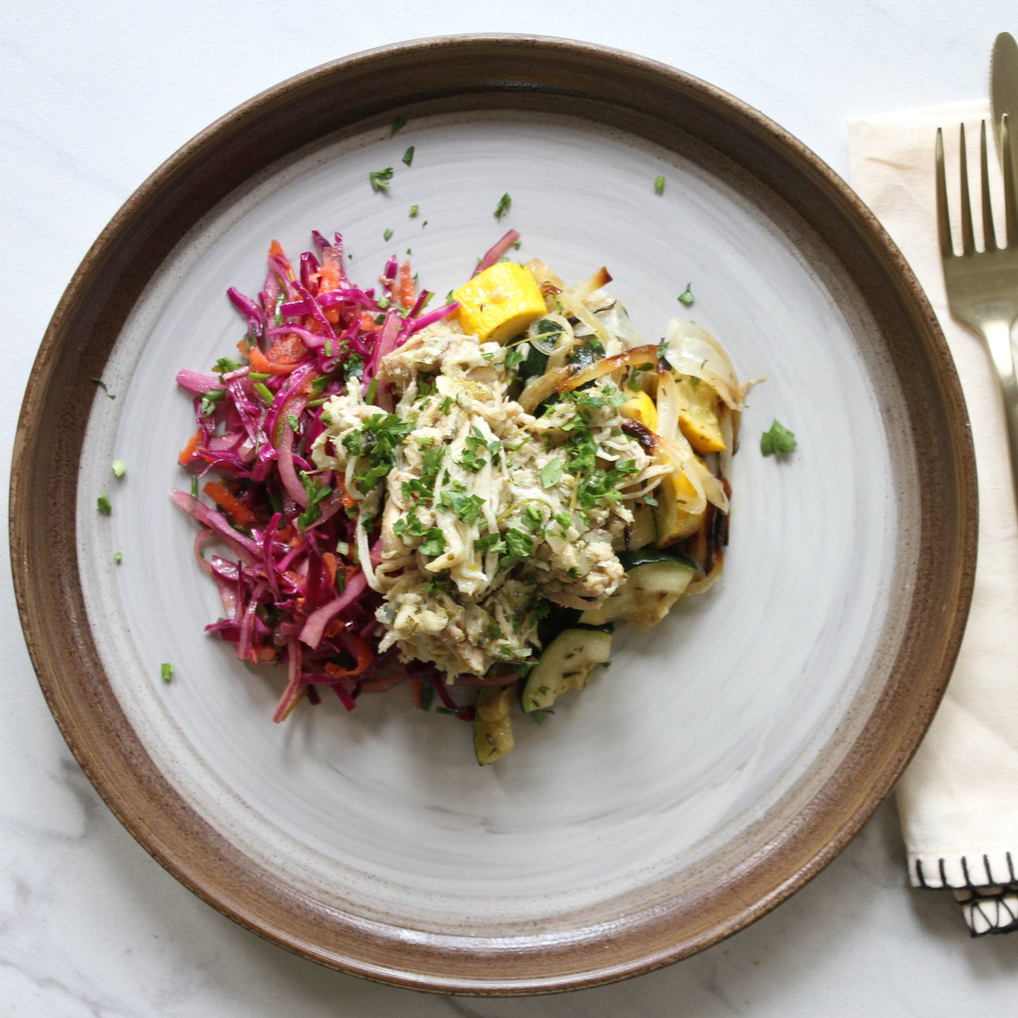 Poblano Braised Chicken with Cabbage Slaw & Summer Squash