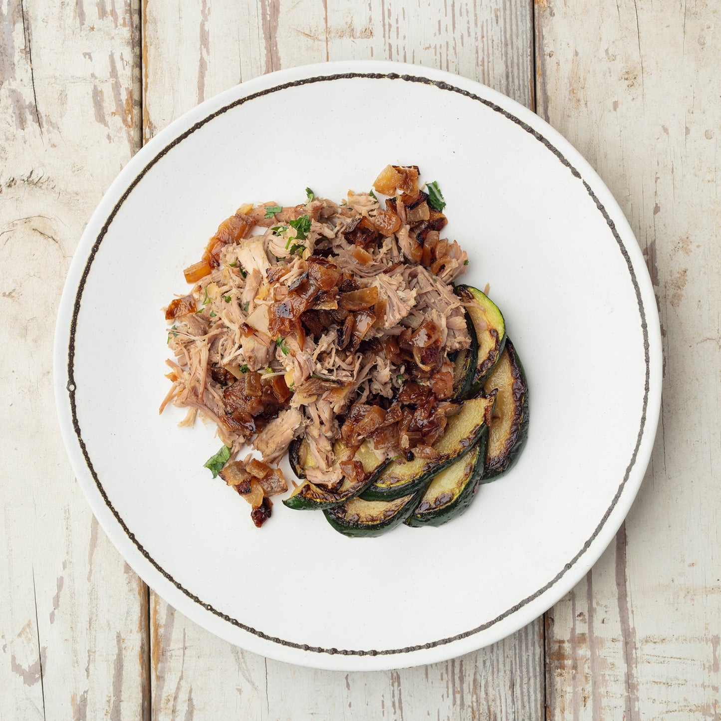 Mojo Pork Butt with Cilantro Zucchini & Grilled Onions - Pete's Real Food