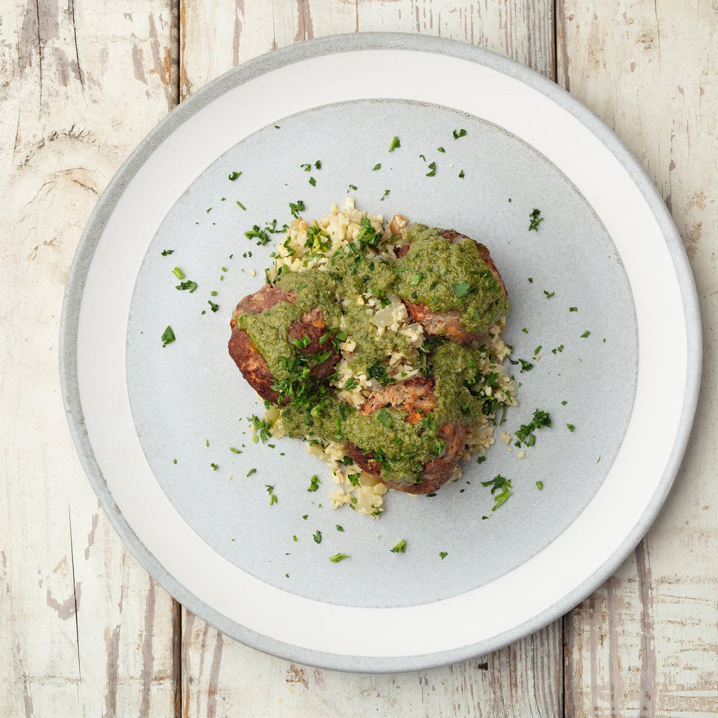 Chicken Patties over Cauliflower Rice with Green Goddess Dressing - Pete's Real Food