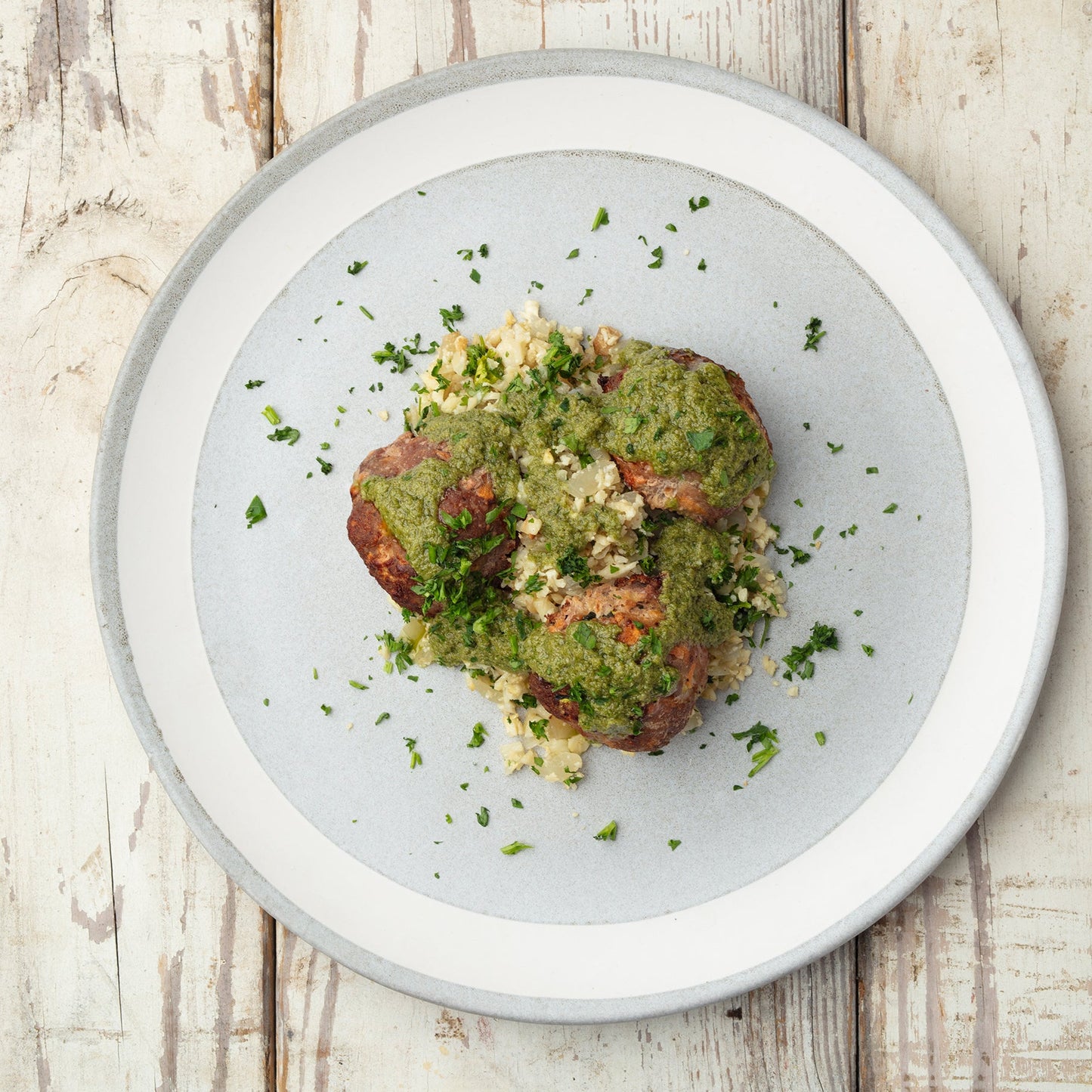 -Chicken Patties over Cauliflower Rice with Green Goddess Dressing