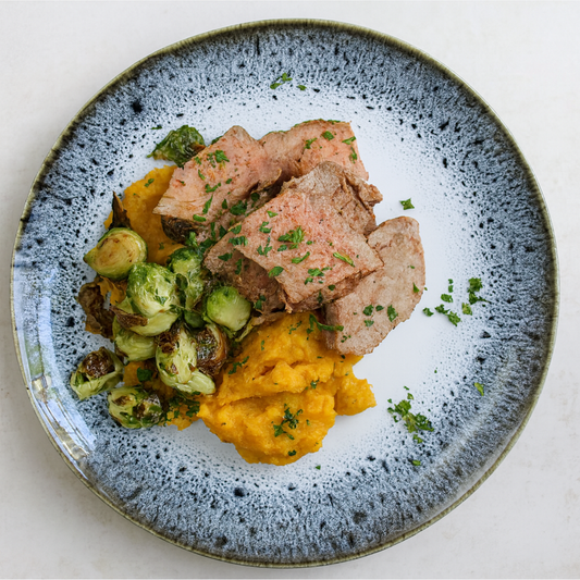 Steak with Brussel Sprouts and Rutabaga Mash