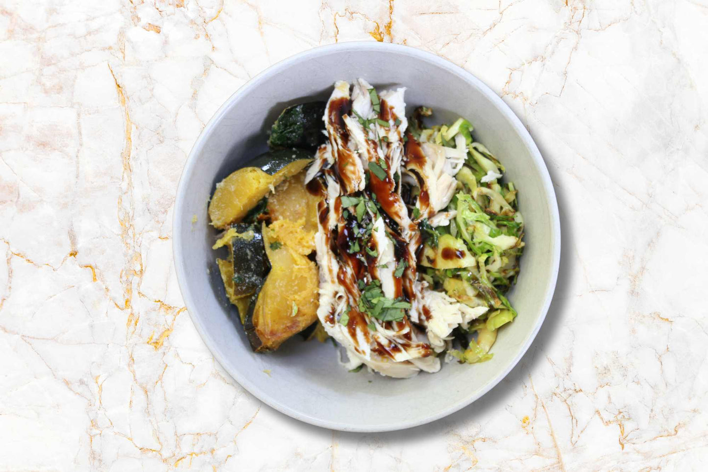 Balsamic Braised Chicken Thighs with Lemon Brussels Sprout Hash and Roasted Acorn Squash - Pete's Real Food