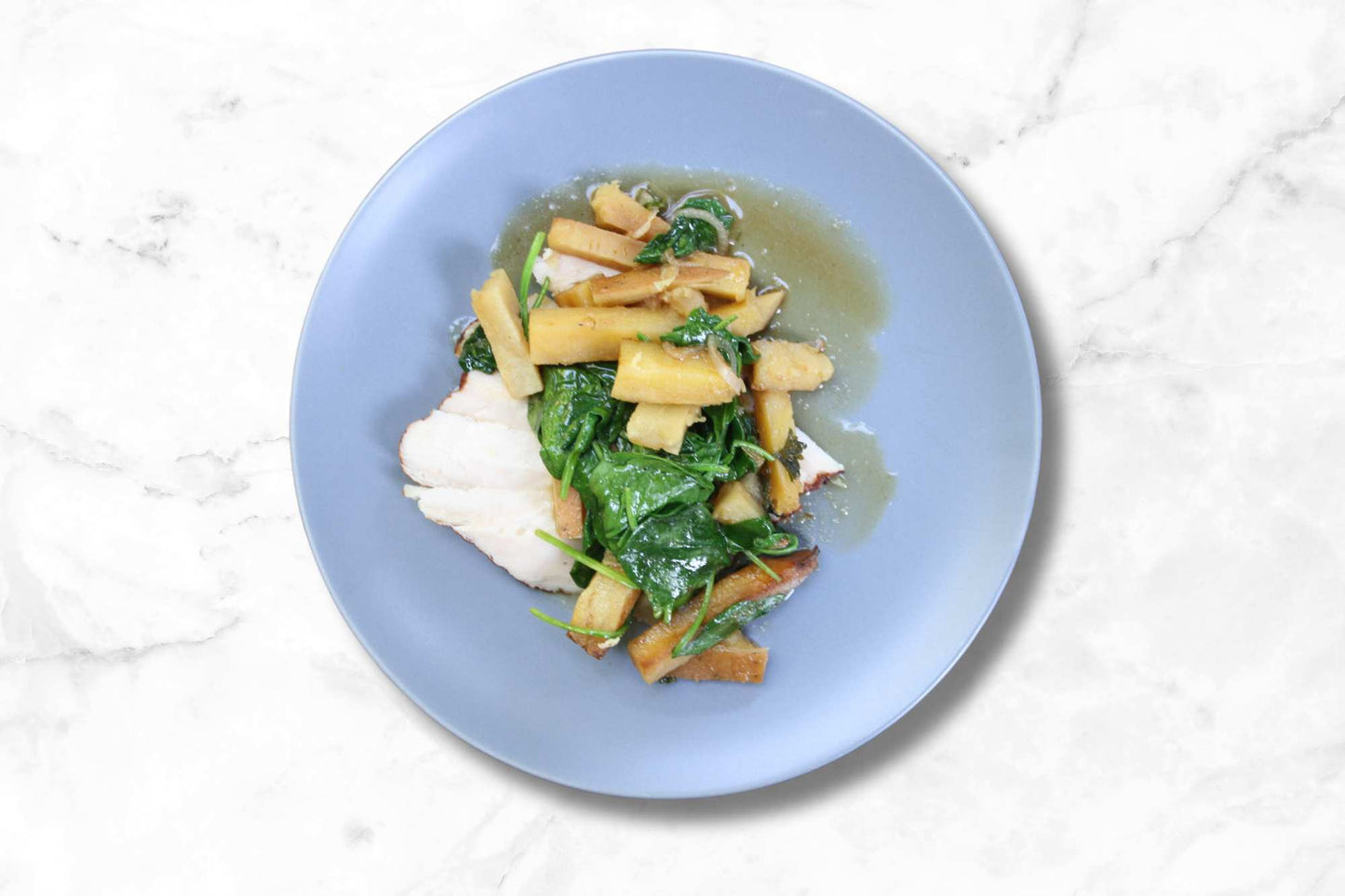 Herb Turkey in Gravy with Spinach and Roasted Yukon & Shallots