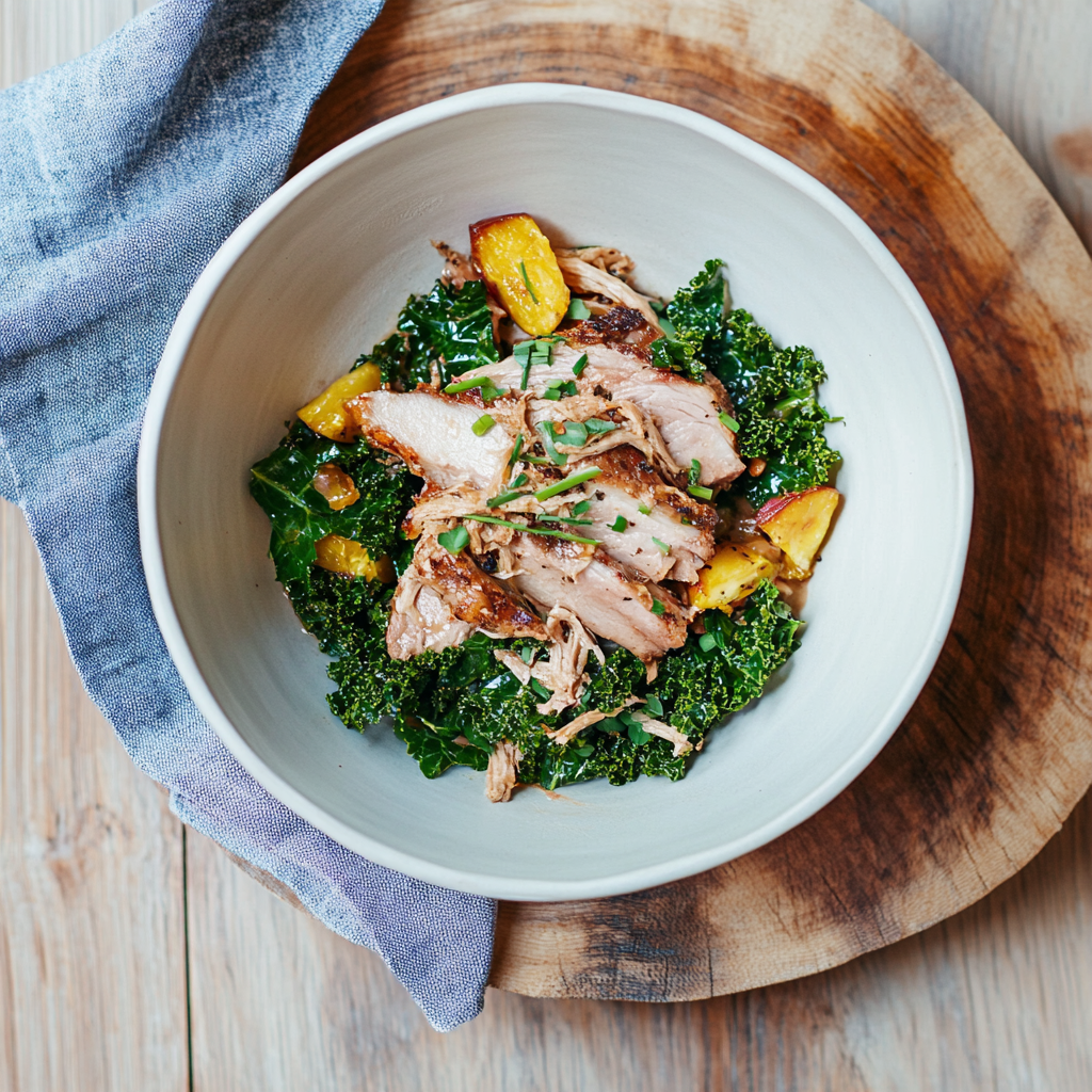 Lemon Braised Pork with Sauteed Kale and Golden Beets with Chives - Pete's Real Food