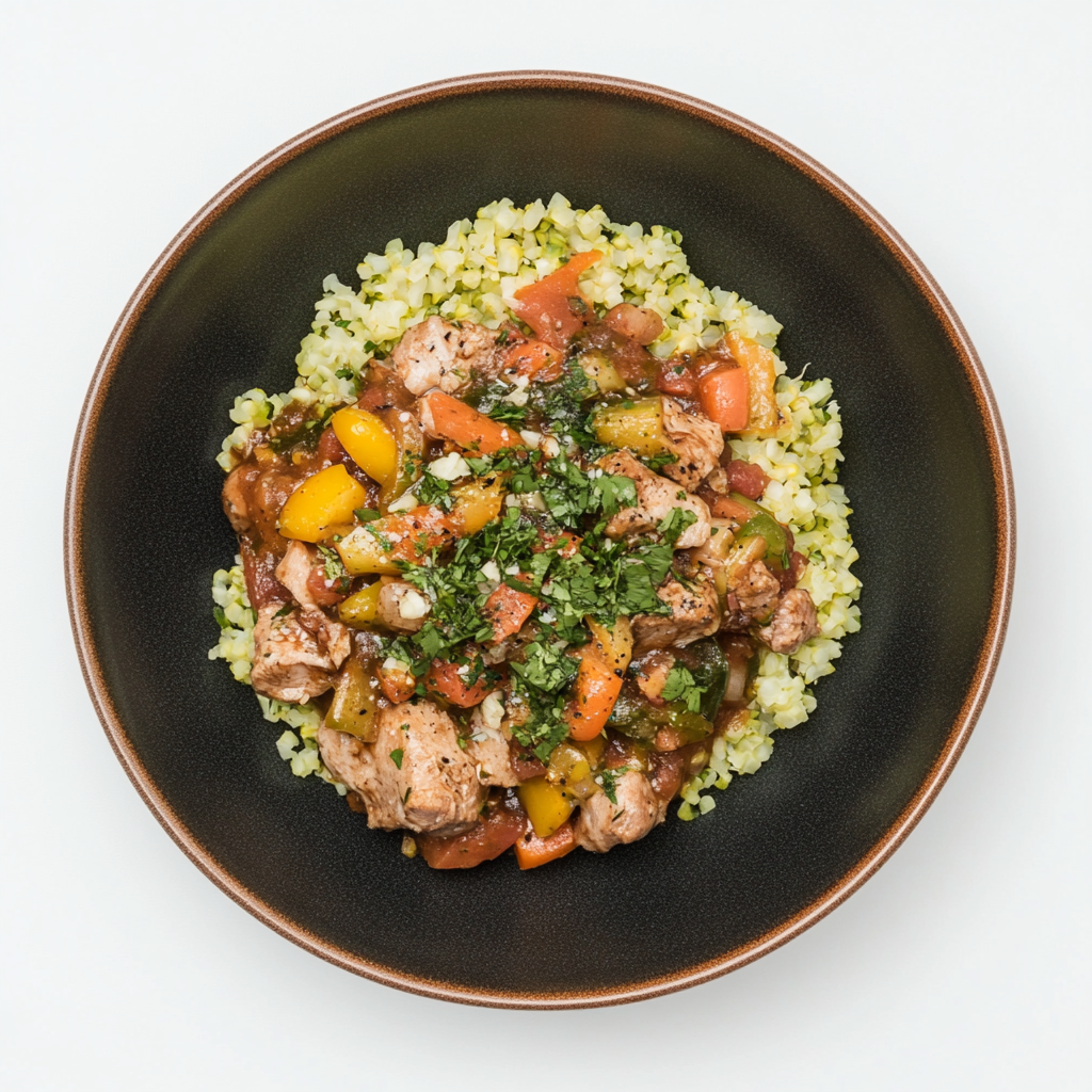 Al Pastor Pork with Green Cauliflower Rice and Sauteed Bell Peppers - Pete's Real Food