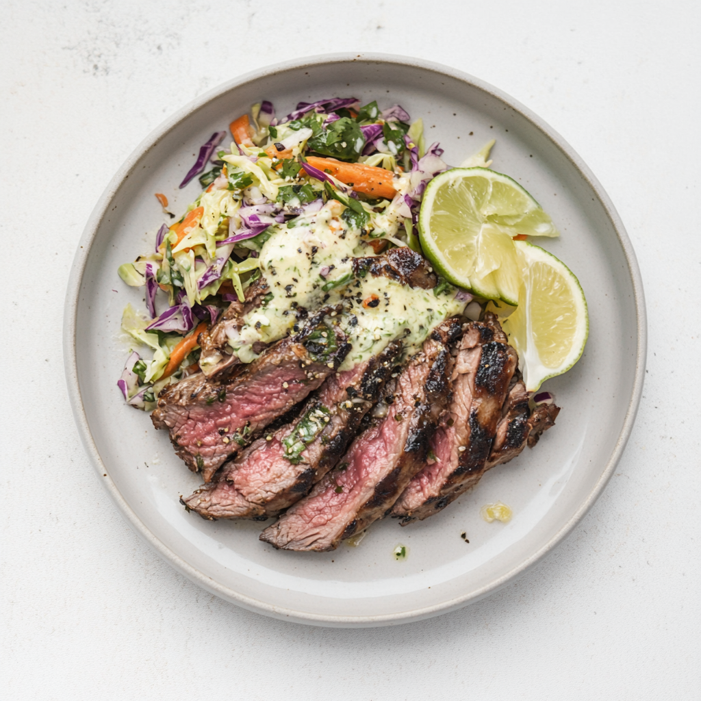 Chipotle Lime Carne Asada with Spicy Carrots with Red Cabbage Slaw - Pete's Real Food