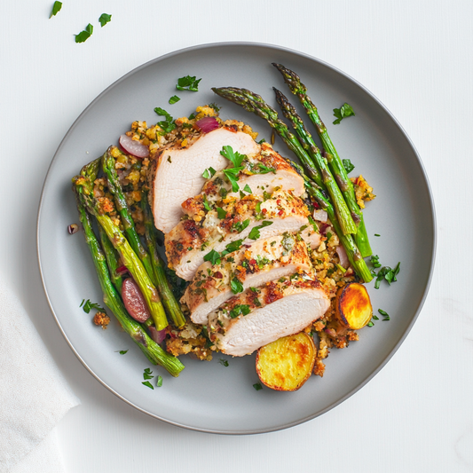 Rosemary and Thyme Crusted Turkey Breast with Lemon Garlic Asparagus and Roasted Sweet Potatoes - Pete's Real Food