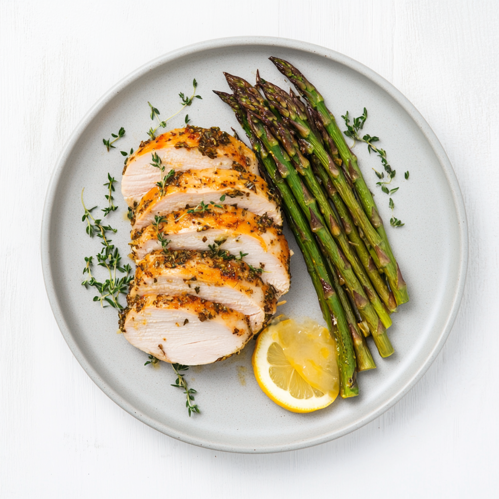 Rosemary and Thyme Crusted Turkey with Lemon Garlic Asparagus - Pete's Real Food