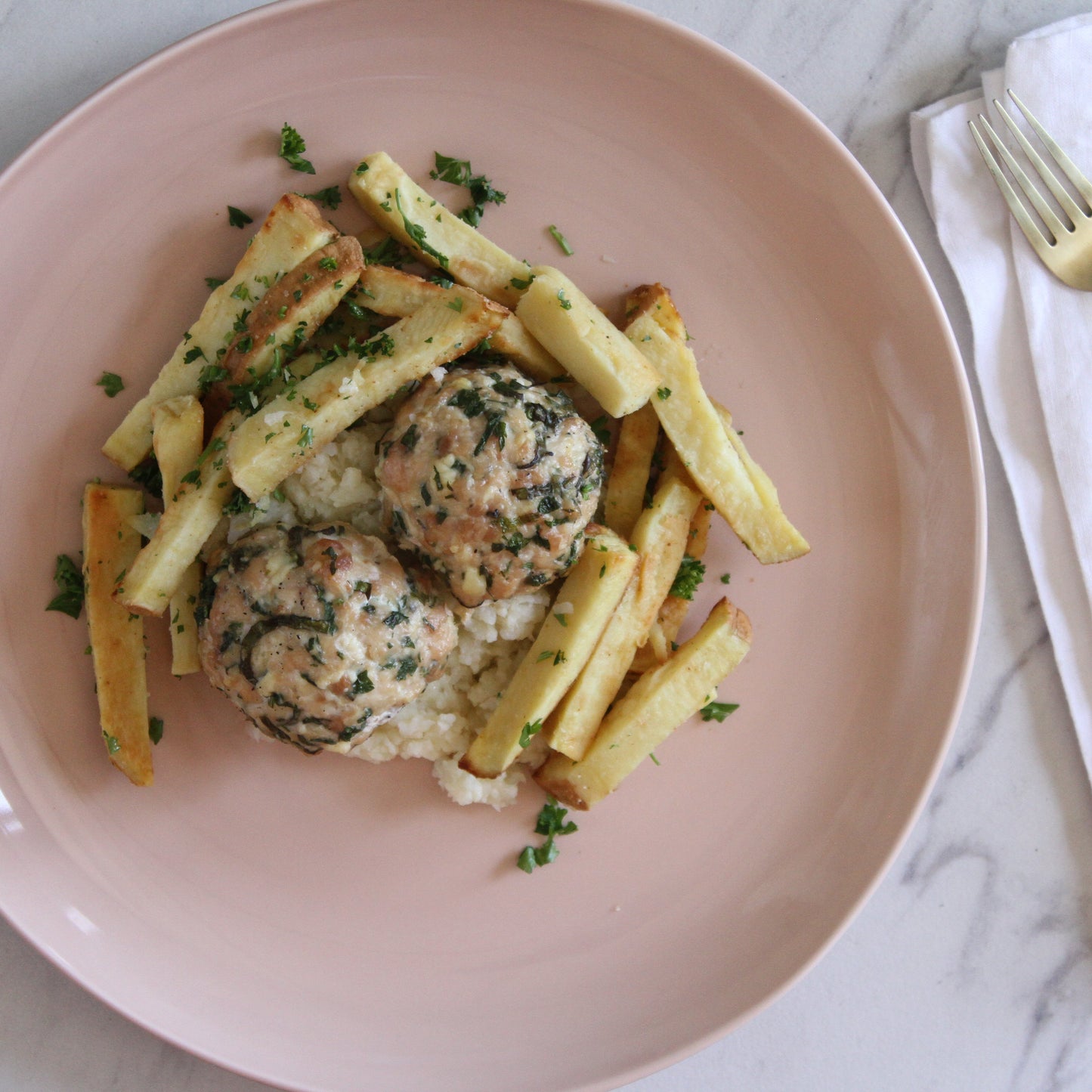 -Chicken Patties with Cauliflower Mash and Sweet Potato Fries - Pete's Real Food
